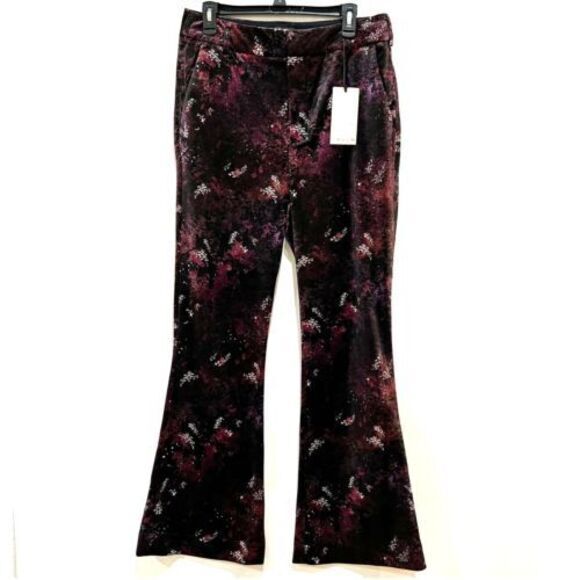 Velvet Flare Pants SZ 31/32 Galaxy Print Pink Black Cosmic Pattern Party Bottoms - Picture 1 of 7